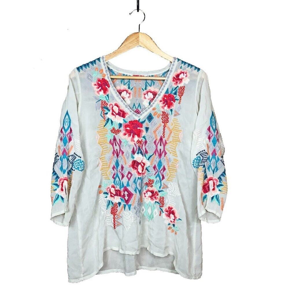 Johnny Was Emmaline Embroidered Floral Blouse M